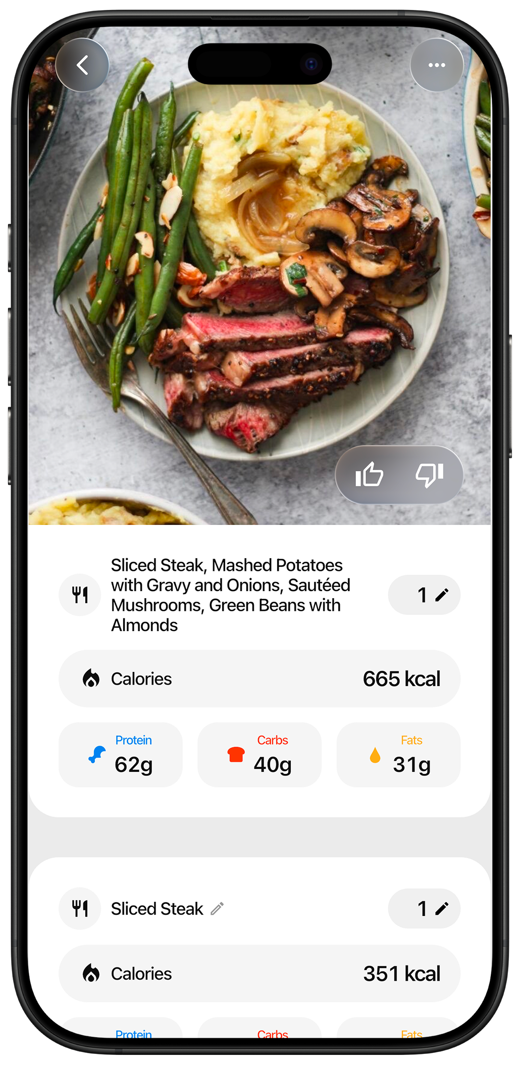 Açaí app — food scan showing nutritional breakdown